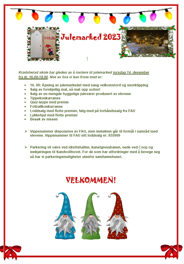 Program for julemarkedet med bilde av nisser, og oversiktsbilde fra fjorårets julemarked - Klikk for stort bilde