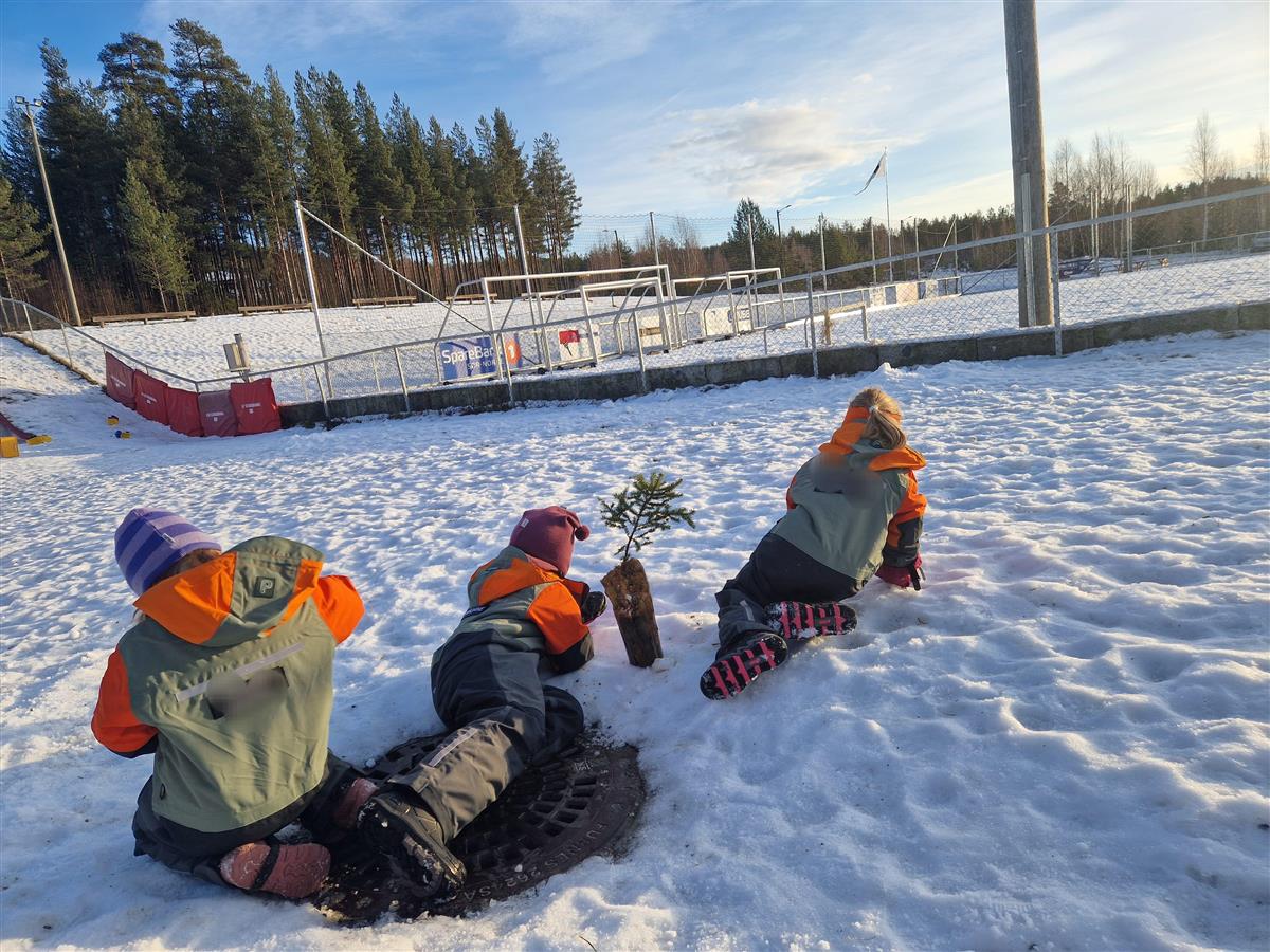 Barn som leker i snøen med parkdresser - Klikk for stort bilde