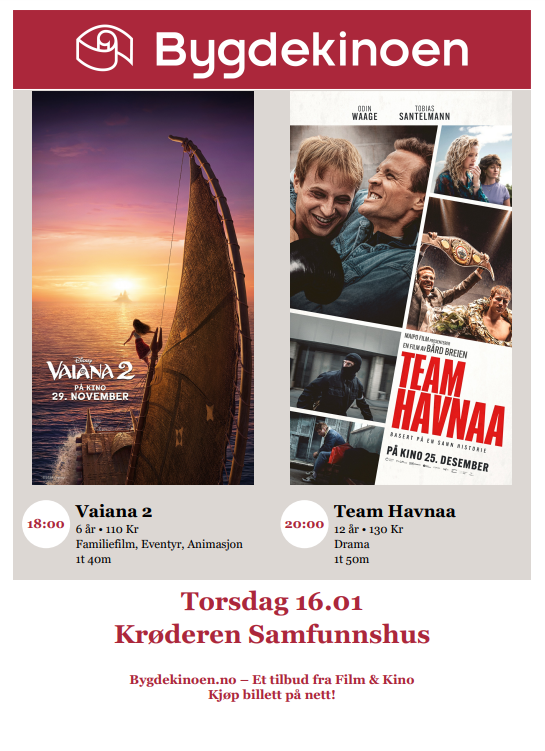 Filmprogram for bygdekinoen 16.01.2025 - Klikk for stort bilde